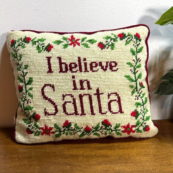 Vintage Wool Needlepoint Christmas Pillow I Believe in Santa 11x9 - Picture 1 of 5